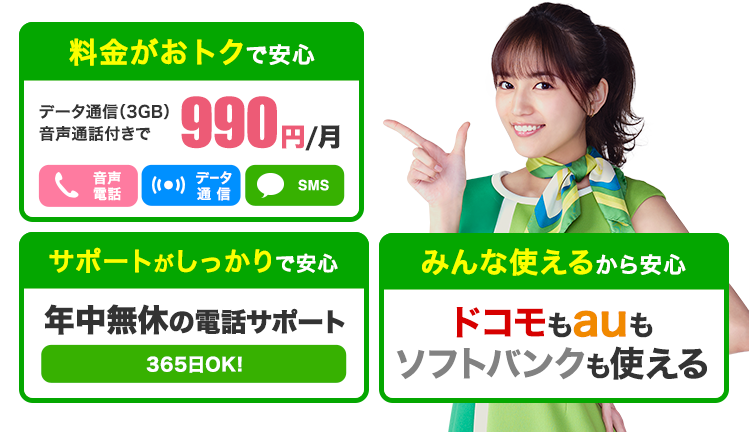 【料金がおトクで安心】データ通信(3GB)音声通話付きで990円/月
【サポートがしっかりで安心】年中無休の電話サポート
【みんな使えるから安心】ドコモもauもソフトバンクも使える