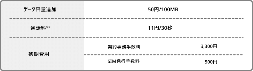 データ容量追加 / 通話料※2 / 初期費用