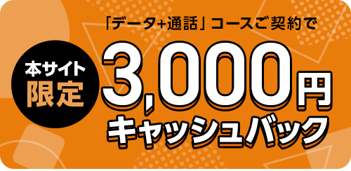 本サイト限定で「データ+通話」コースご契約すると3,000円キャッシュバックキャンペーン　2025.7.31（木曜日）まで