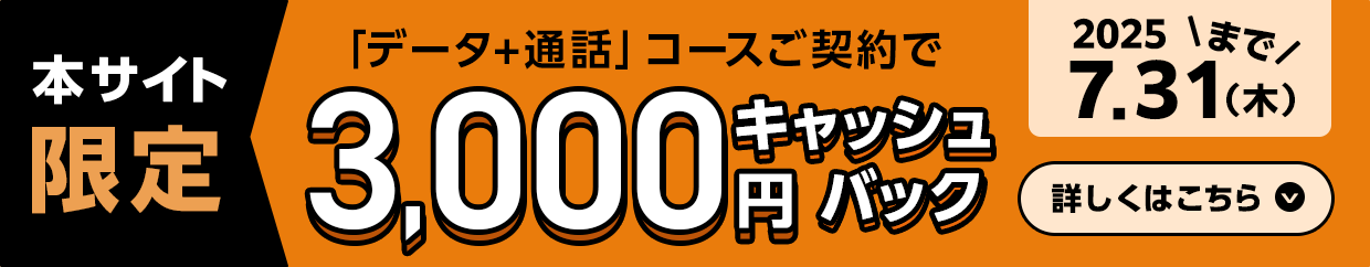 本サイト限定で「データ+通話」コースご契約すると3,000円キャッシュバック